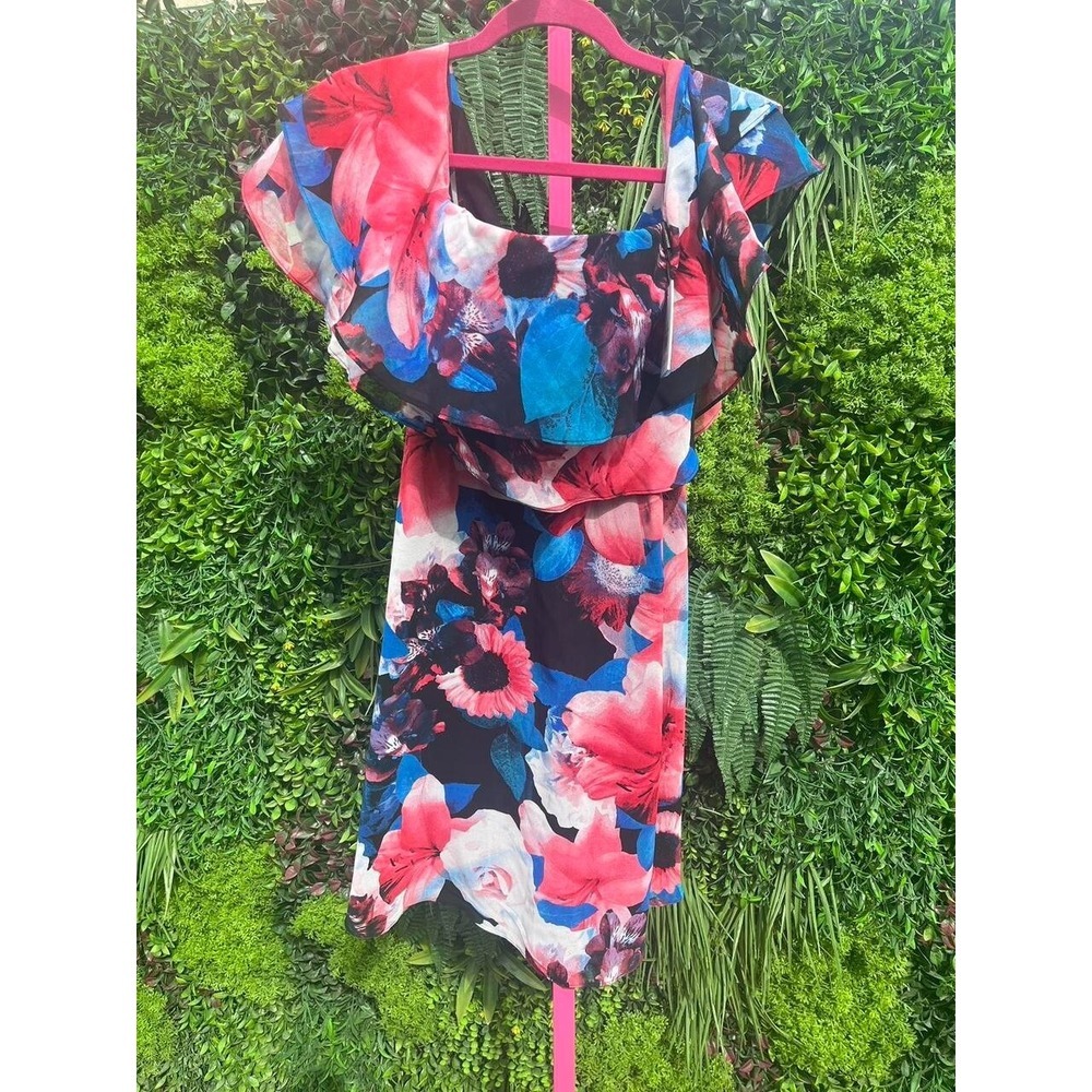 Calvin Klein Womens Off-The-Shoulder Multicolor Floral Flounce Size 6 Dress NEW - Picture 4 of 7